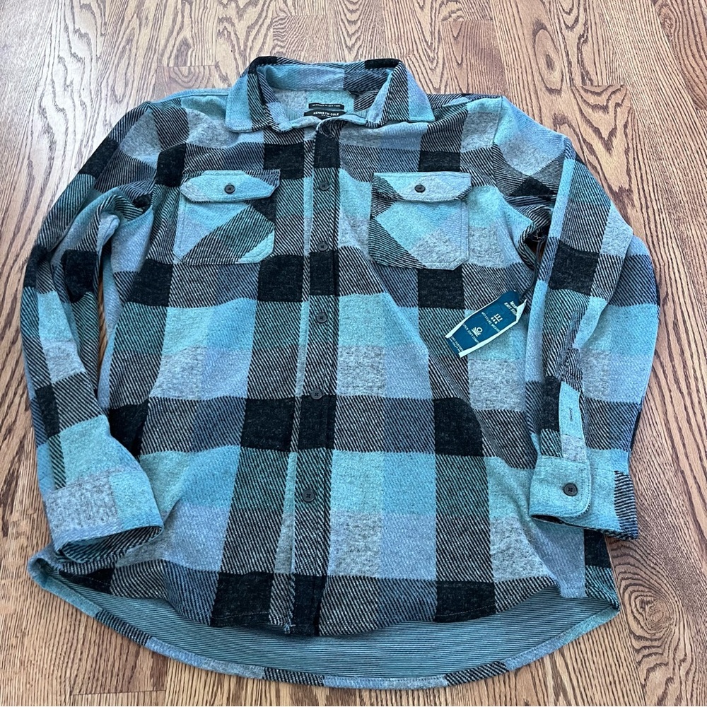 Kenneth Cole NY Blue and Black Buffalo Plaid Slim Fit Button Down Size Large